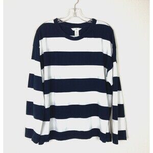 H & M Crew Neck Shirt Size M Blue White Stripes 100% Cotton Relaxed Fit